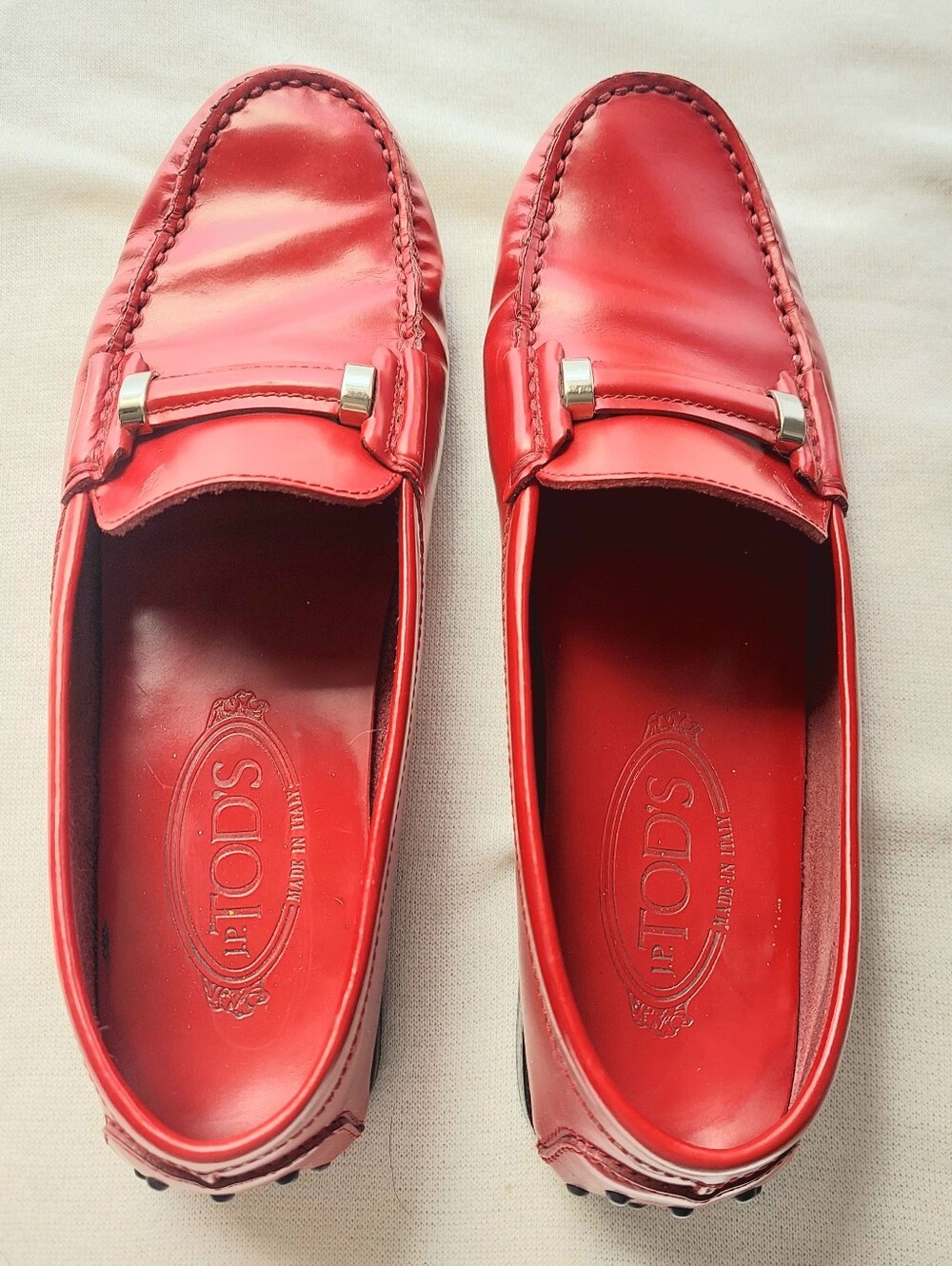 Tod's Red Leather Bit-Detail Slip-On Loafers